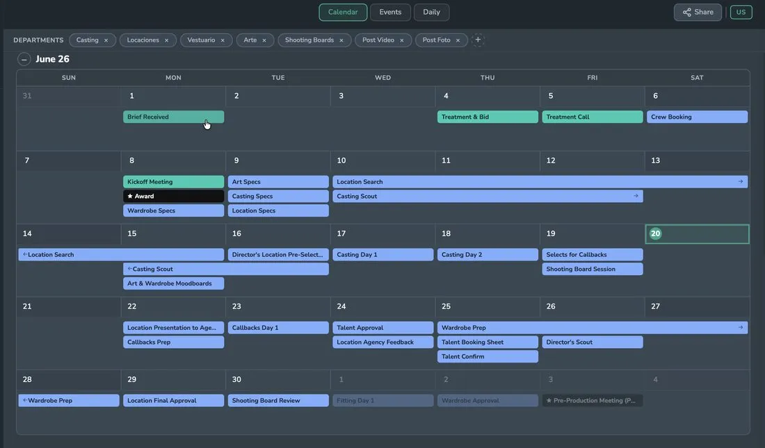 Monthly view of a production calendar in Calendar by unabase