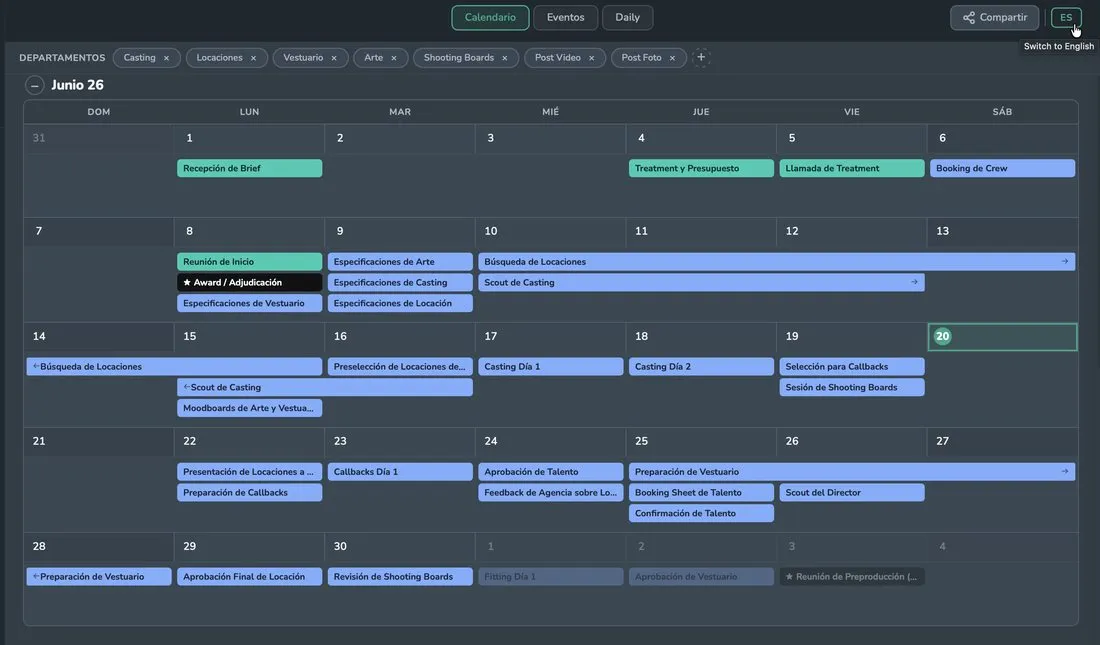 Vista mensual de un calendario de producción en Calendar by unabase
