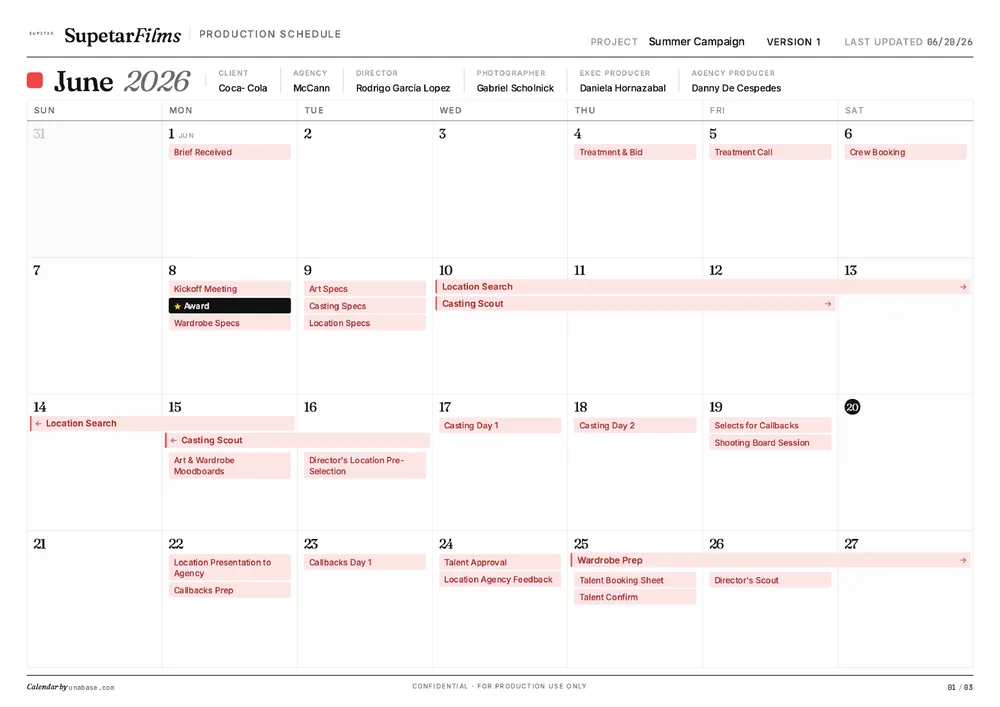 Sample production calendar exported to PDF