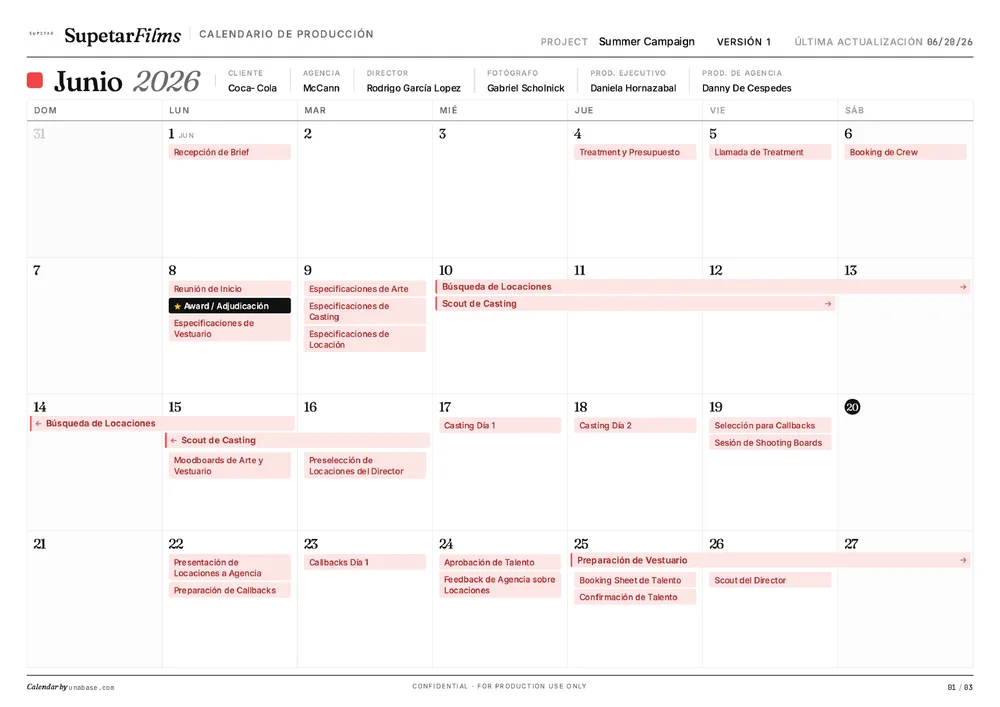 Calendario de producción de muestra exportado a PDF